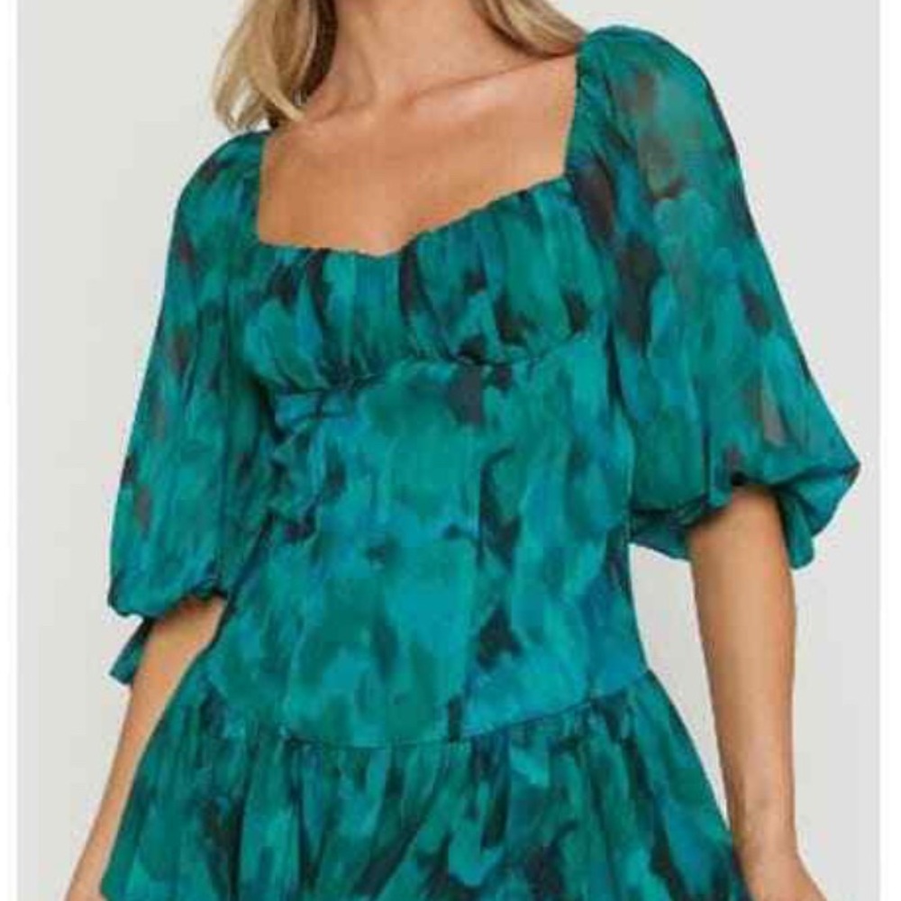 Teal Patterned Puff Sleeve Dress